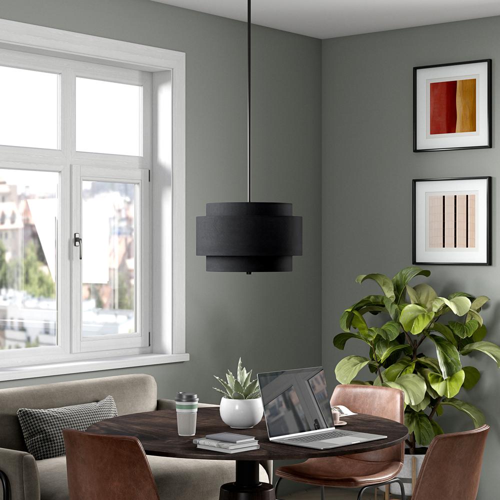 16" Wide 2-Light Pendant with Tiered Fabric Shade in Blackened Bronze/Black. Picture 4