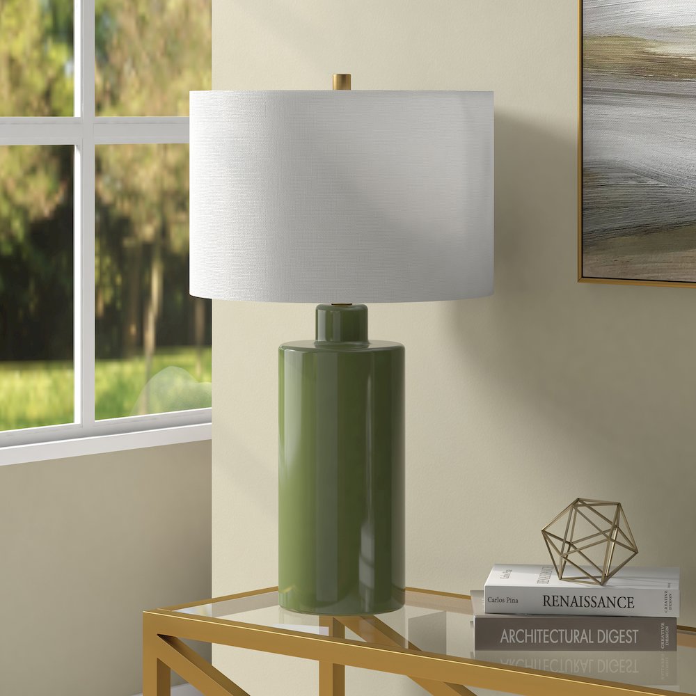 Selina 25" Tall Ceramic Table Lamp with Fabric Shade in Tarragon Green/White. Picture 3