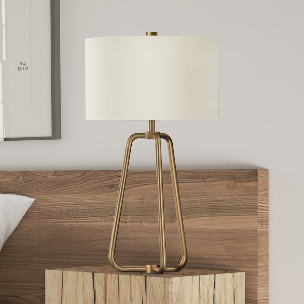 25" Mid-Century Modern 1-Light Table Lamp with White Fabric Drum Shade, Gold. Picture 2