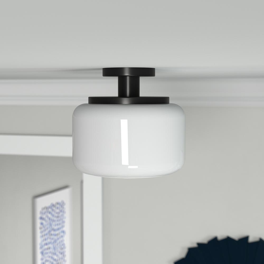 Tatum 11" Wide Semi Flush Mount with Glass Shade in Blackened Bronze/White. Picture 2