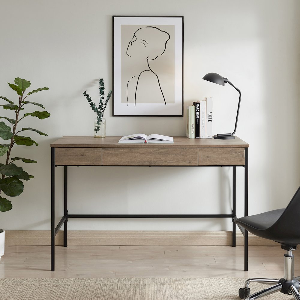 48" Computer Desk Writing Table with 3 Storage Drawers, Weathered Gray. Picture 5