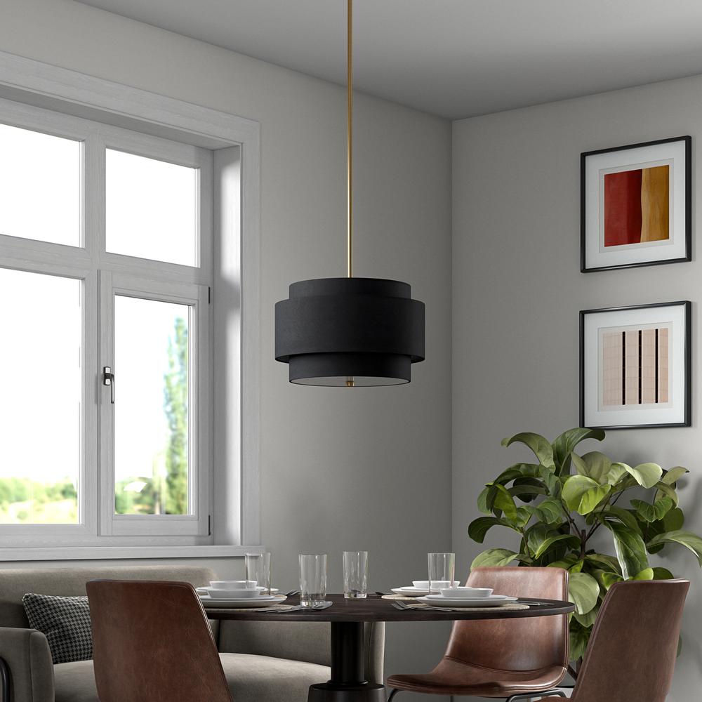 Solomon 16" Wide 2-Light Pendant with Tiered Fabric Shade in Brass/Black. Picture 4
