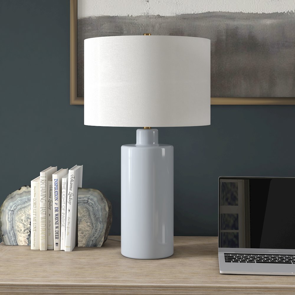 Selina 25" Tall Ceramic Table Lamp with Fabric Shade in Smoky Blue/White. Picture 3