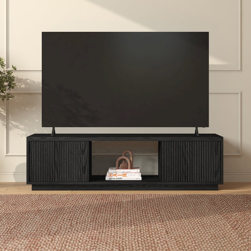 Fluted TV Stand for TVs up to 65", 2 Cabinets, Open Storage, Black. Picture 3