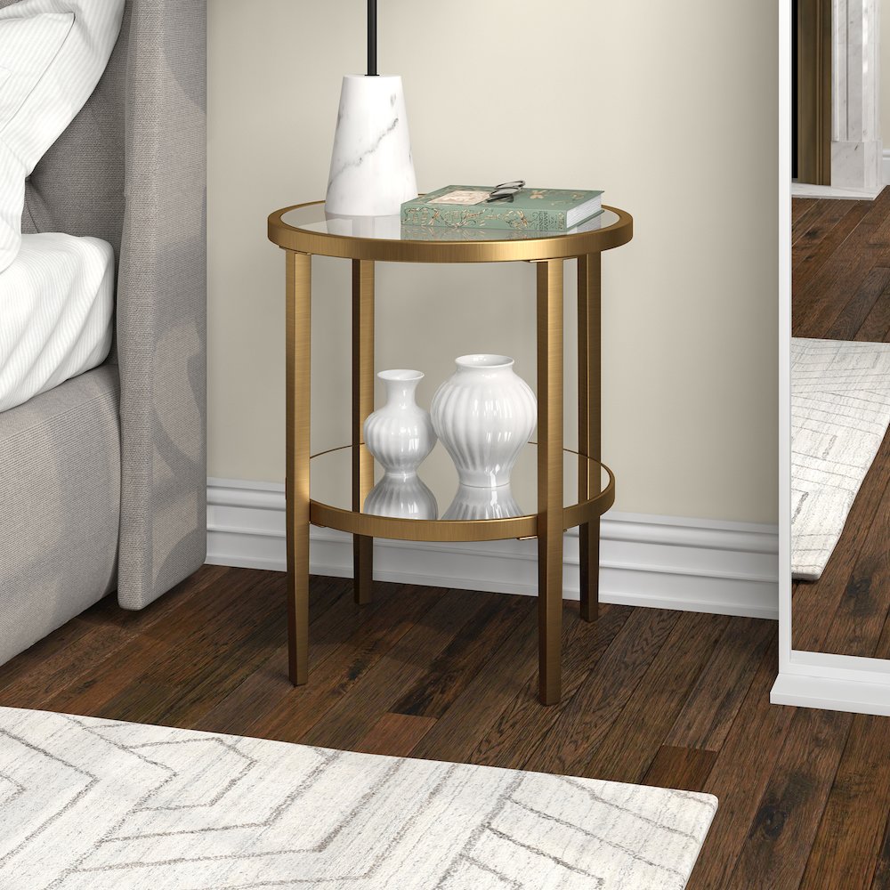 20" Modern Round End Table, Side Table, Nightstand with Open Shelf, Antique Gold. Picture 7