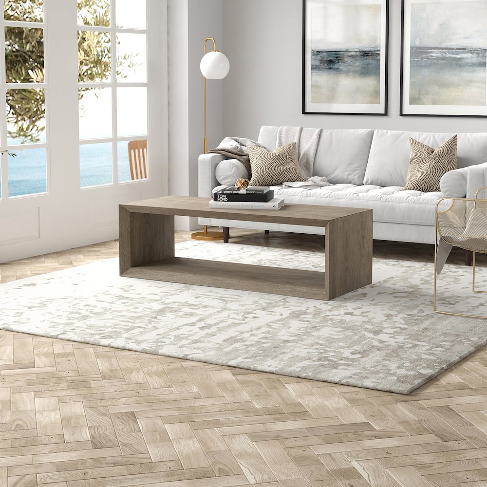 58" Rectangular Coffee Table with Open Storage Shelf, Weathered Gray. Picture 6