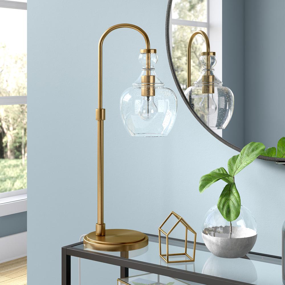 Verona 27" Tall Arc Table Lamp with Glass Shade in Brushed Brass/Seeded. Picture 2