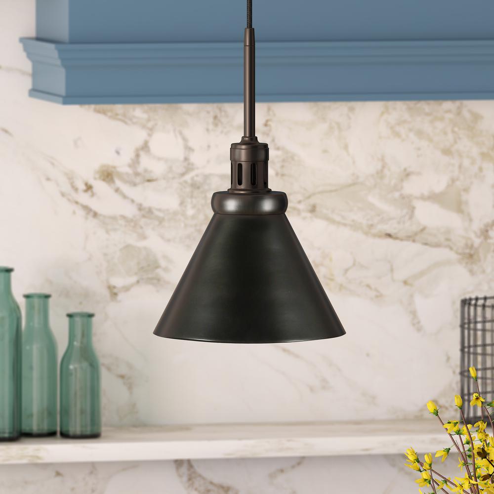 Zeno 8.5" Wide Pendant with Metal Shade in Blackened Steel/Blackened Bronze. Picture 2
