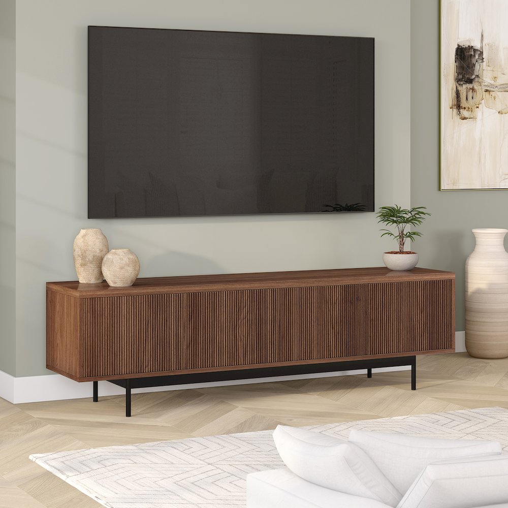 Whitman Rectangular TV Stand for TV's up to 75" in Satin Walnut. Picture 4