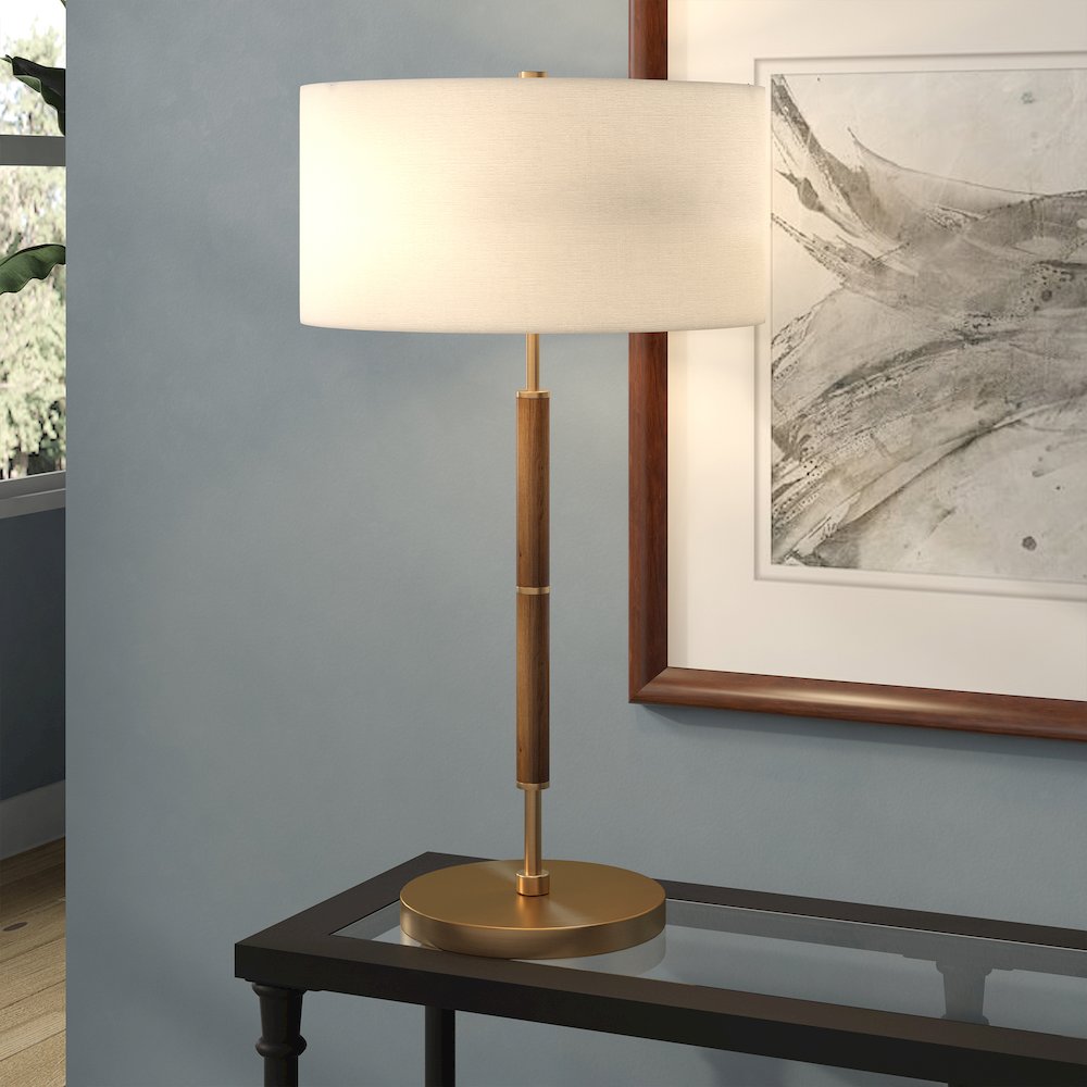25" 2-Tone 2-Light Table Lamp with White Fabric Drum Shade, Medium Oak/Gold. Picture 5
