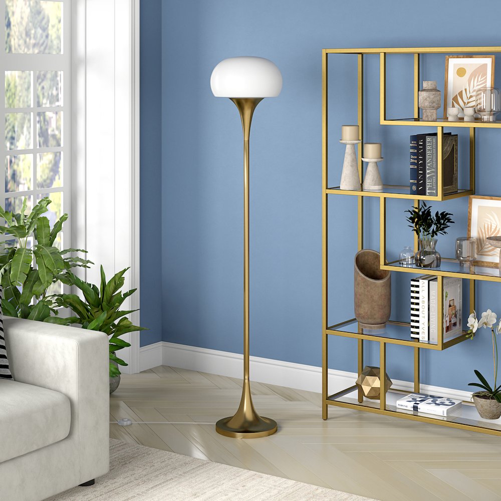 Aleister Torchiere Floor Lamp with Glass Shade in Brass/White Milk. Picture 3