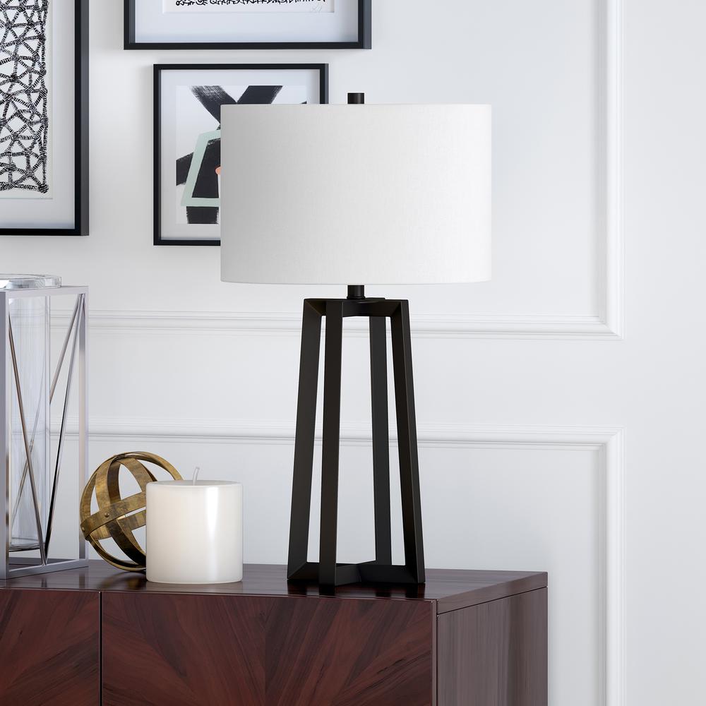 Helena 24.5" Tall Table Lamp with Fabric Shade in Blackened Bronze/White. Picture 2
