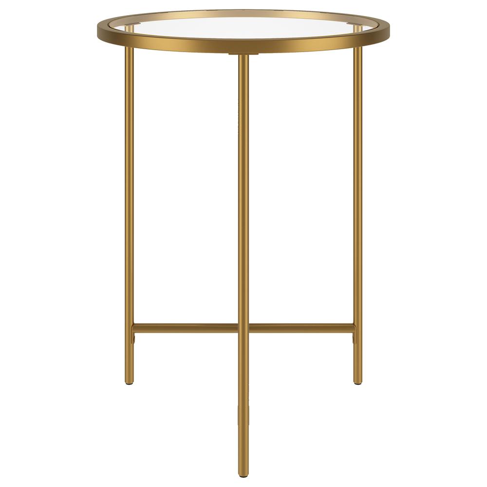 Berenson 18" Wide Round Side Table with Glass Top in Gold. Picture 3