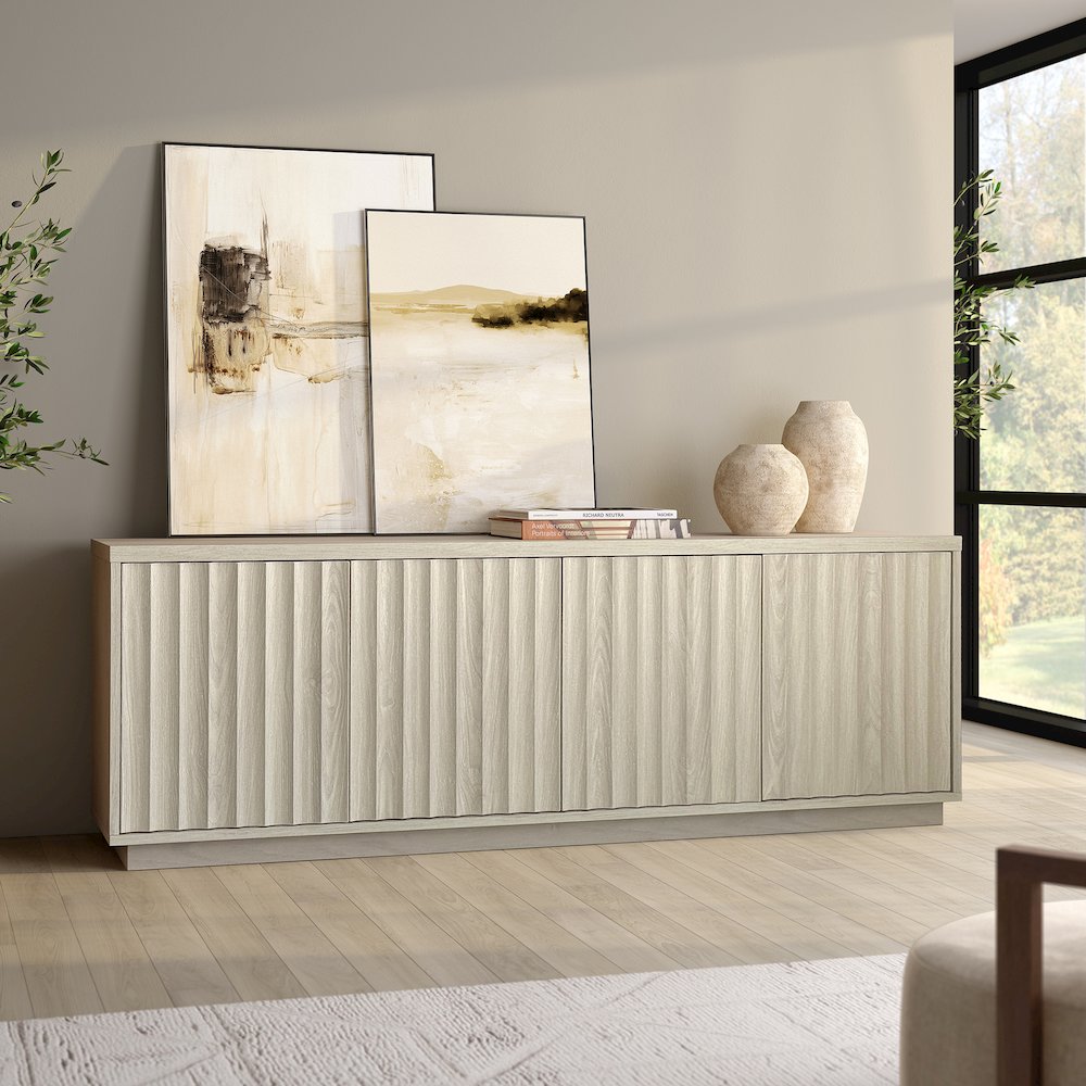 Bourne Rectangular Fluted TV Stand for TV's up to 75" in Alder White. Picture 4