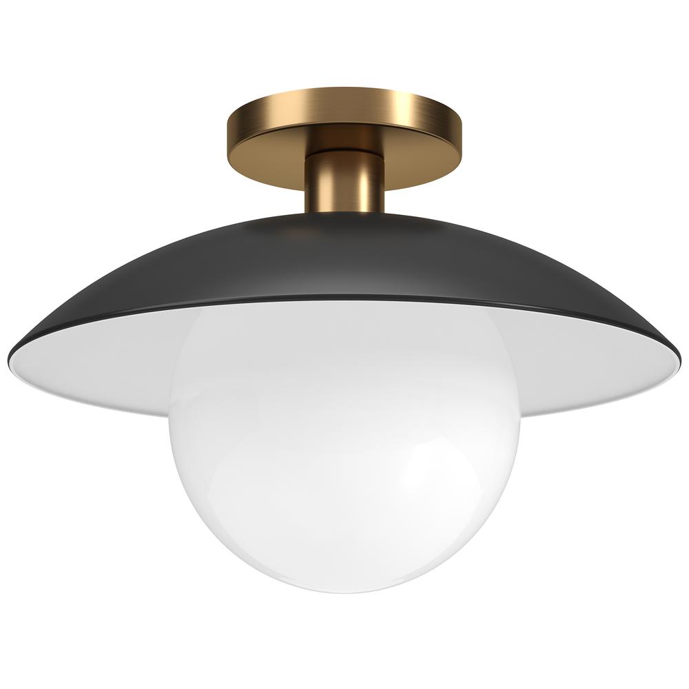 Alvia 14.5" Wide Semi Flush Mount with Metal/Glass Shade in Matte Black/Brass/White. Picture 1