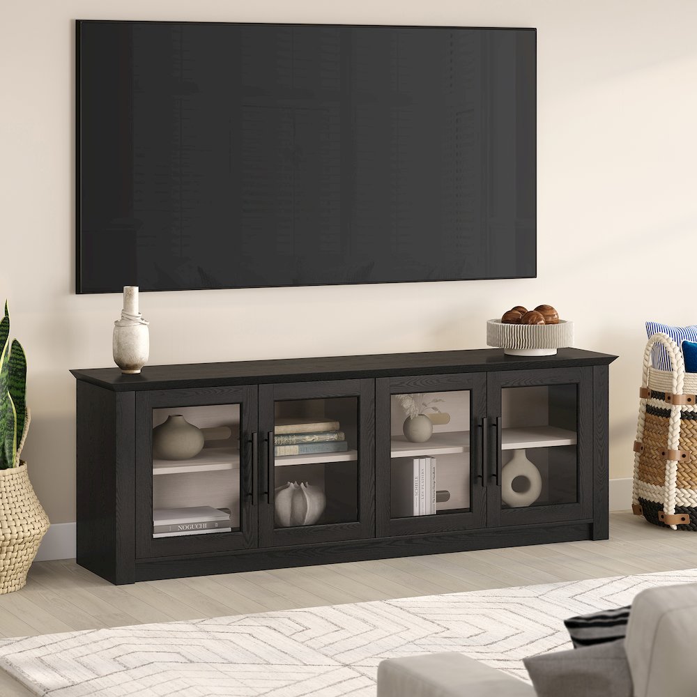 Rectangular TV Stand for TV's up to 78" with Glass Doors in Black Grain. Picture 4