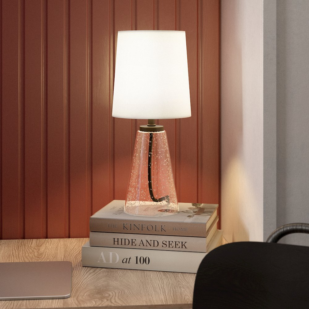 15" Traditional 1-Light Table Lamp with White Fabric Drum Shade, Bubble Glass. Picture 6