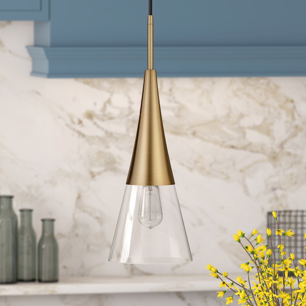 7'' Modern Pendant Light Fixture with Clear Glass Cone Shade and 8' Cord, Gold. Picture 2