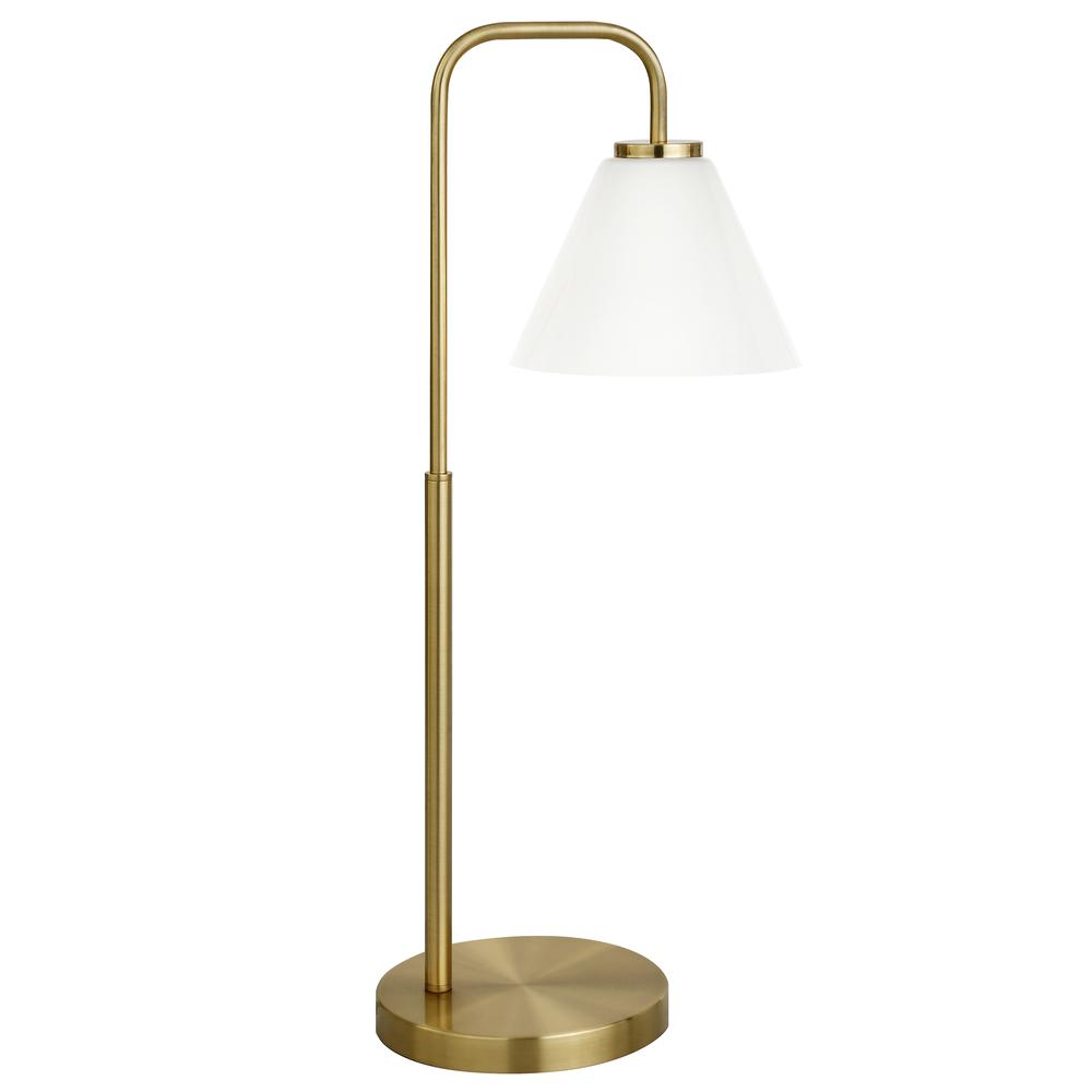 Henderson 27" Tall Arc Table Lamp with Glass Shade in Brass/White Milk. Picture 1