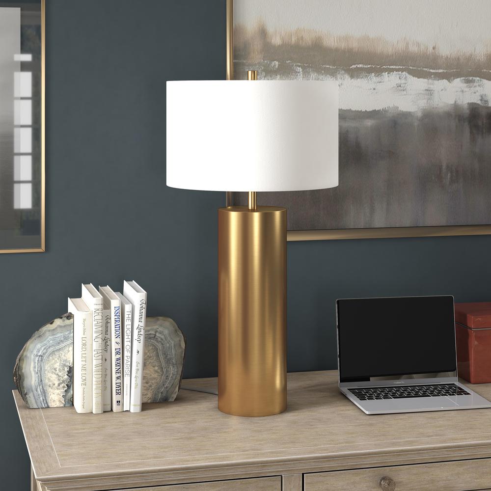 York 29.5" Tall Table Lamp with Fabric Shade in Brass/White. Picture 2