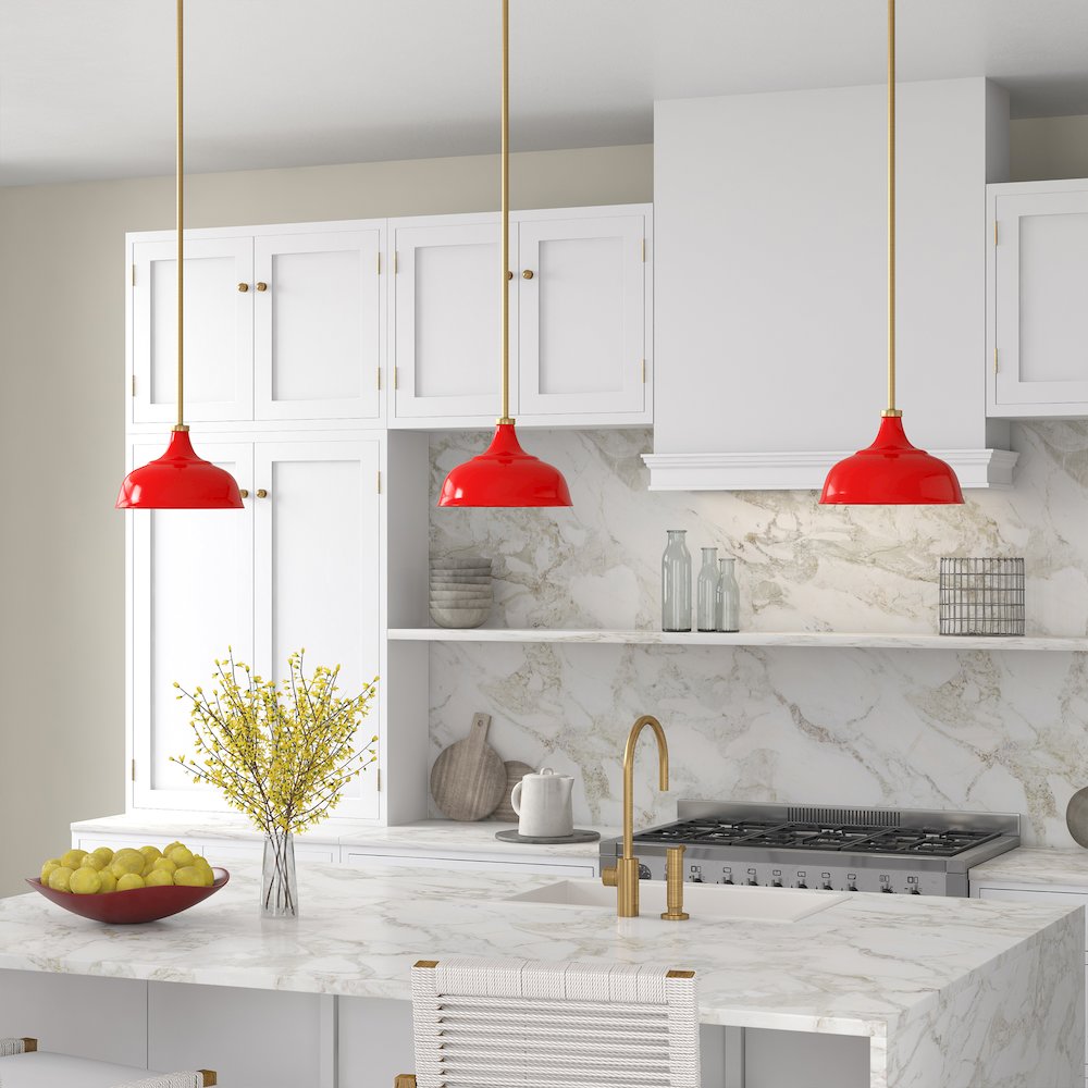 10" Dimmable Pendant Light Fixture, Metal Dome Shade and 8' Cord, Coral Red/Gold. Picture 4