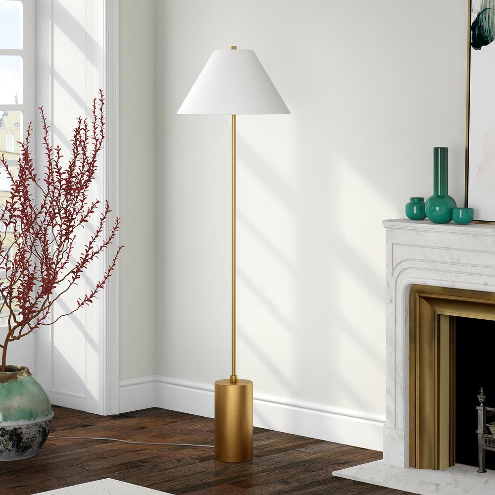 Somerset 64 Tall Floor Lamp with Fabric Shade in Brass/White. Picture 2