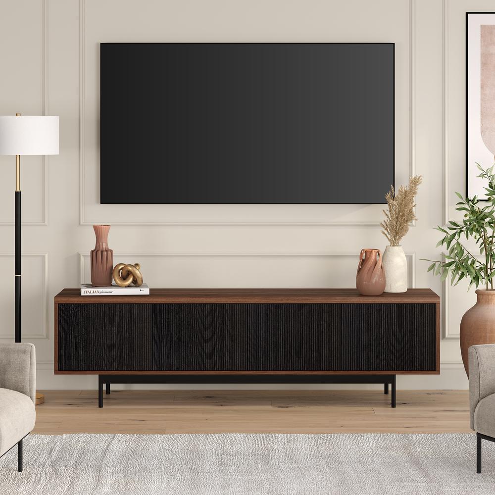 Whitman Rectangular TV Stand for TV's up to 75" in Satin Walnut/Black Grain. Picture 4