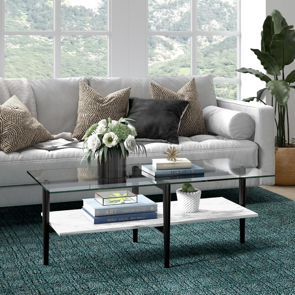 Otto 47'' Wide Rectangular Coffee Table with Faux Marble Shelf in Blackened Bronze/Faux Marble. Picture 2
