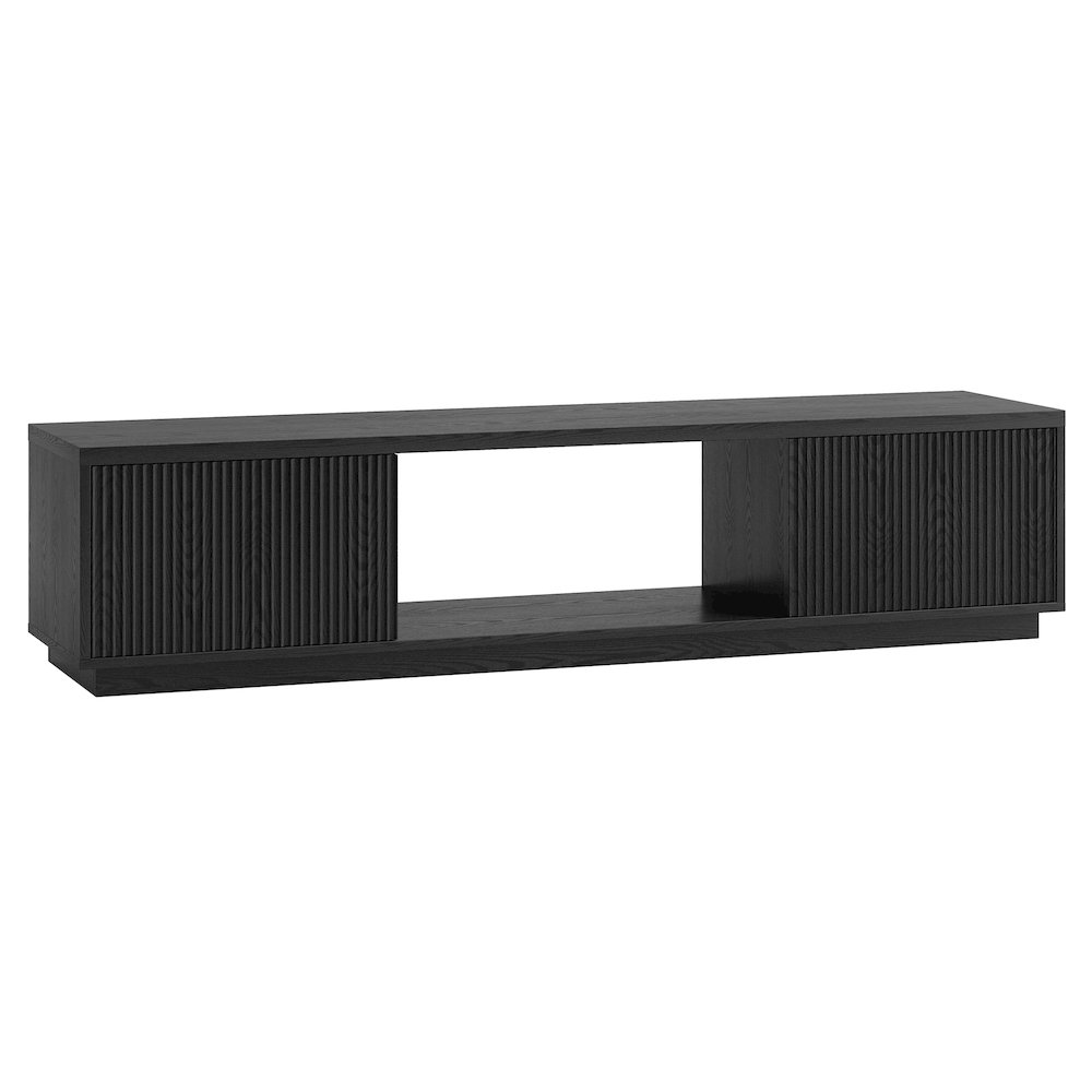 Fluted TV Stand for TVs up to 78", 2 Side Cabinets, Center Storage, Black. Picture 1