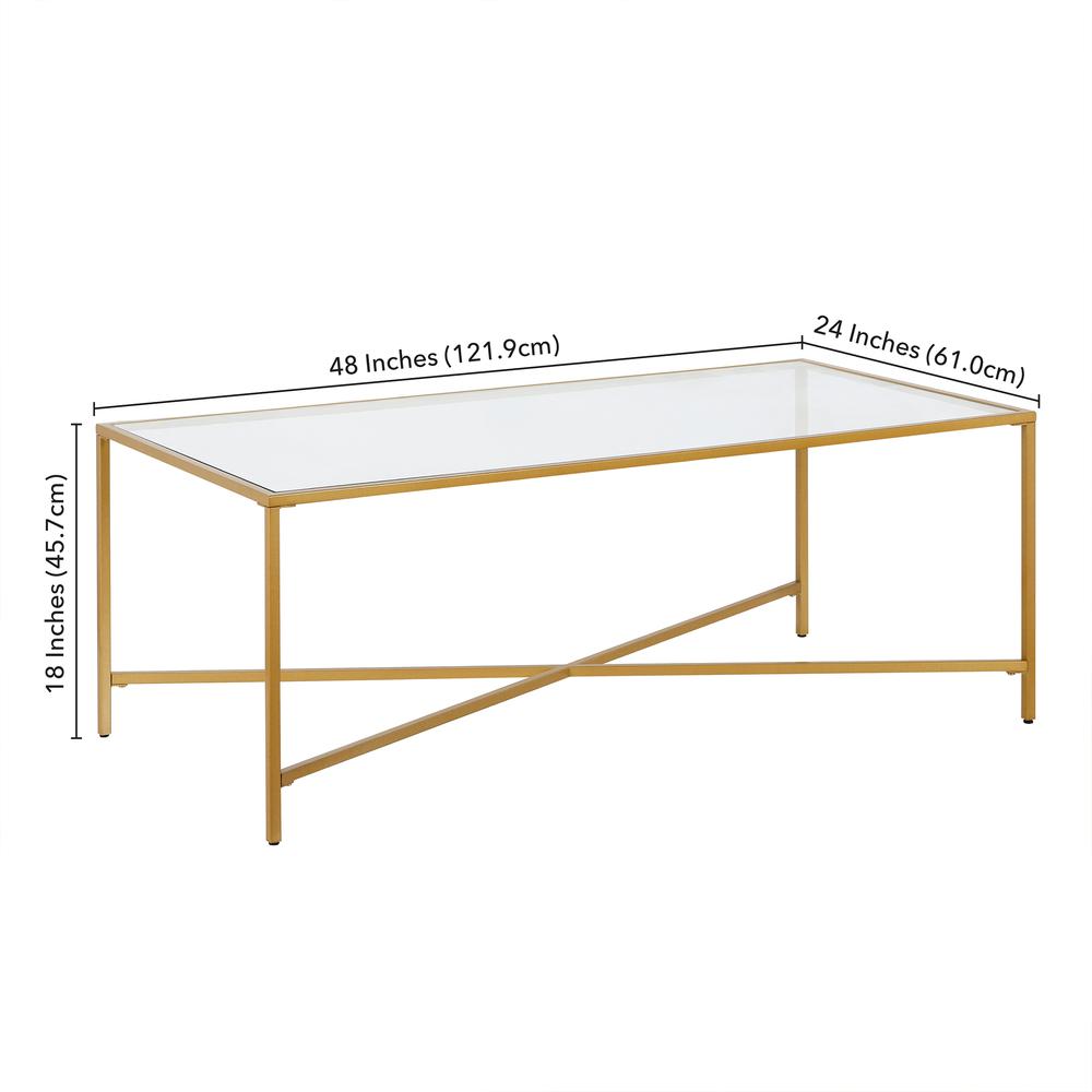 Henley 48'' Wide Rectangular Coffee Table with Glass Top in Brass. Picture 5