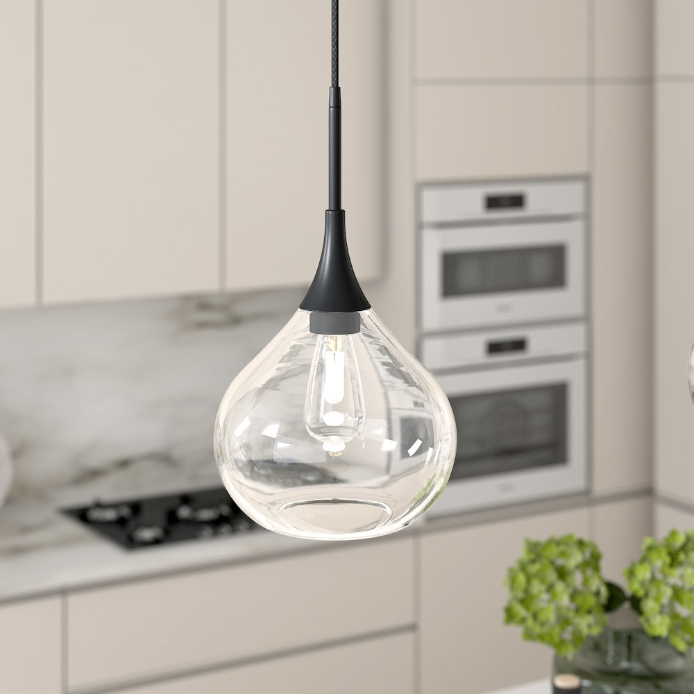 9" Mid-Century Pendant Light Fixture with Glass Shade and 8' Cord, Flat Black. Picture 5