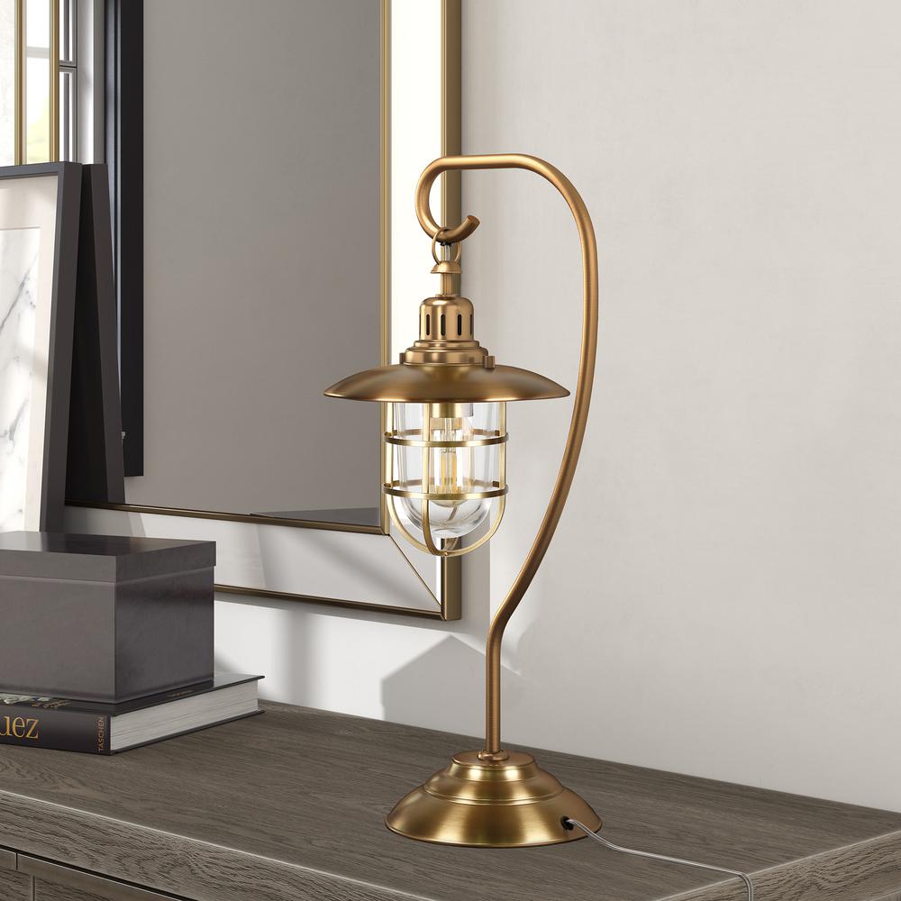 Bay 22" Tall Nautical Table Lamp with Glass/Metal Shade in Antique Brass/Clear. Picture 2