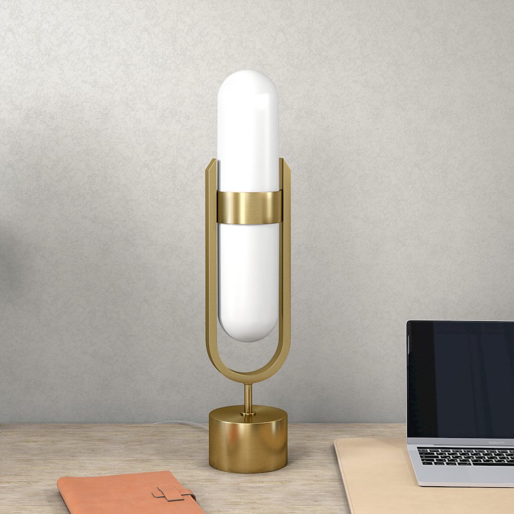 Blair Pill-Shaped Table Lamp with Milk Glass Shade in Brass/White. Picture 4