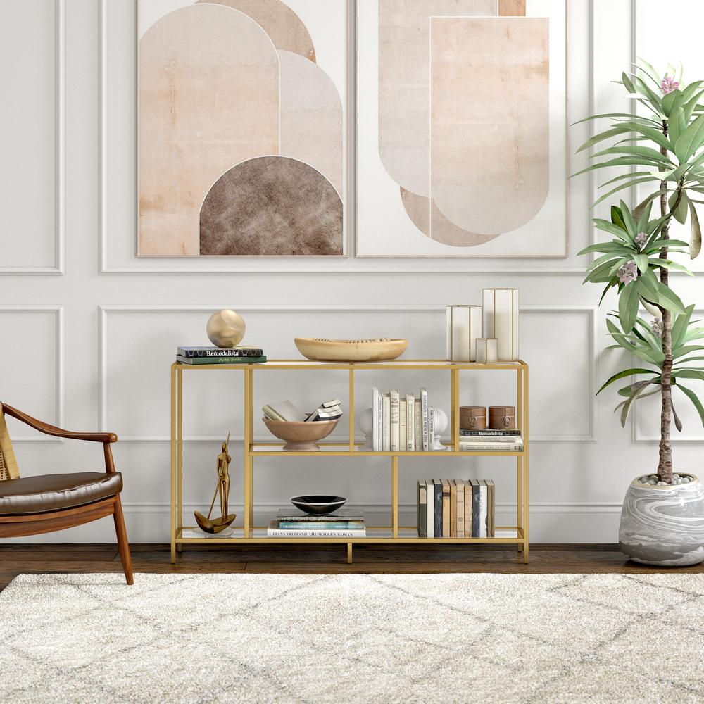 Winthrop 52" Wide Rectangular Console Table with Glass Shelves in Brass. Picture 4