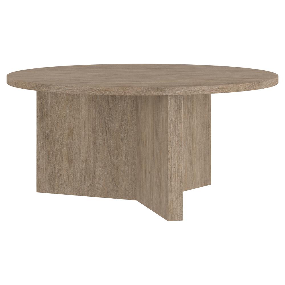Anders 36" Wide Round Coffee Table in Antiqued Gray Oak. Picture 1