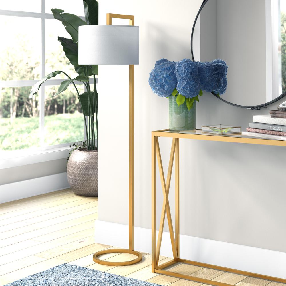 Grayson 64" Tall Floor Lamp with Fabric Shade in Brass/White. Picture 2