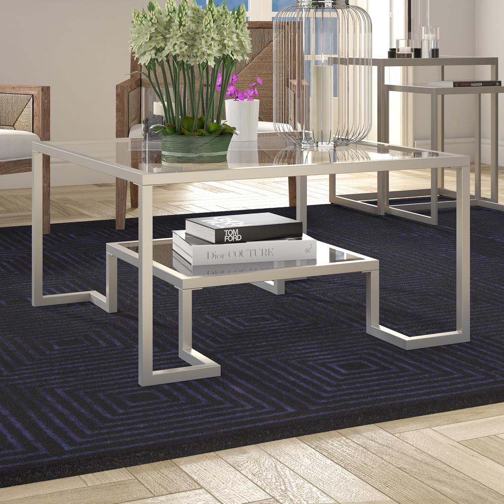 Athena 32'' Wide Square Coffee Table in Satin Nickel. Picture 2