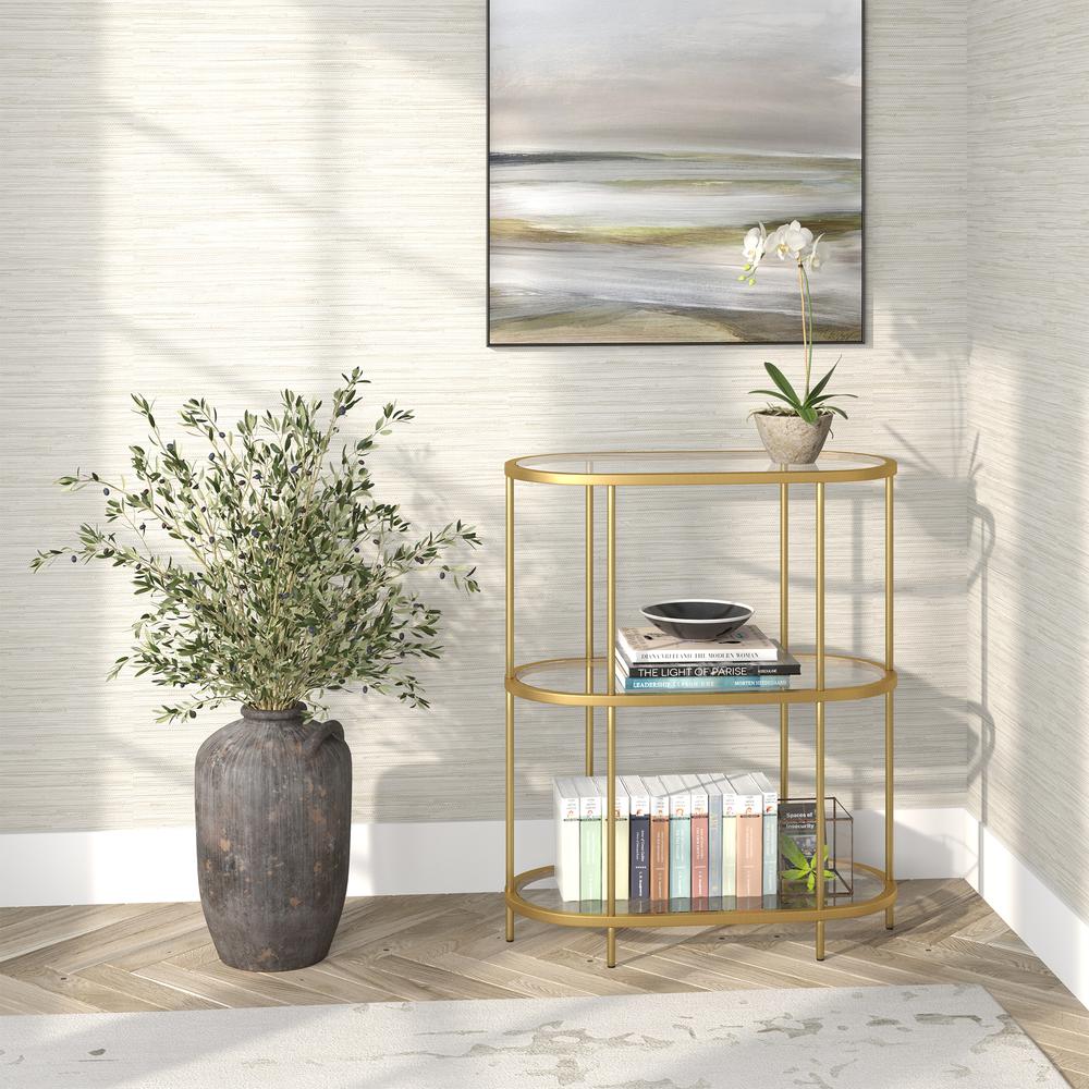Leif 30'' Wide Oval Bookcase in Brass. Picture 4
