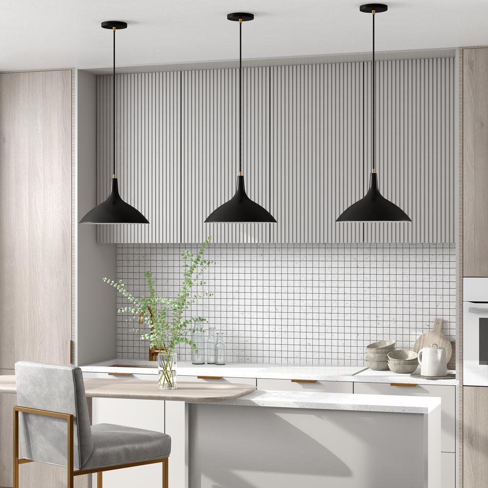 Barton 14" Wide Pendant with Metal Shade in Matte Black/Brass/Matte Black. Picture 4