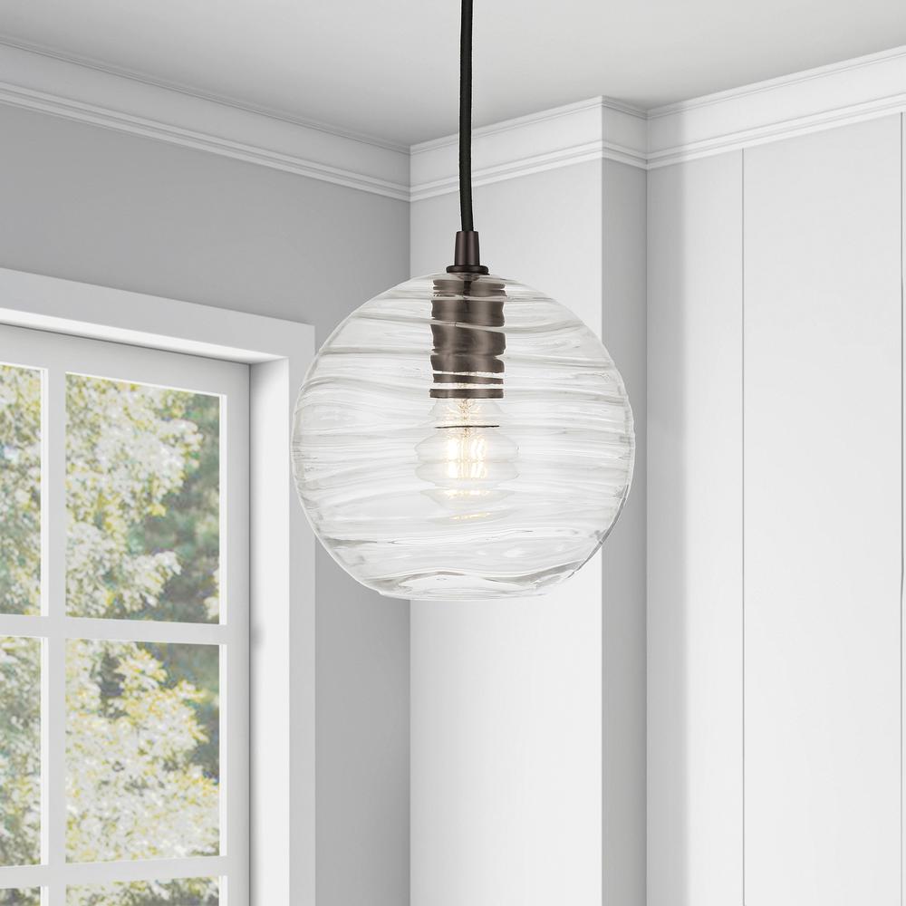 Wayve 8" Wide Textured Pendant with Glass Shade in Blackened Bronze/Clear. Picture 2