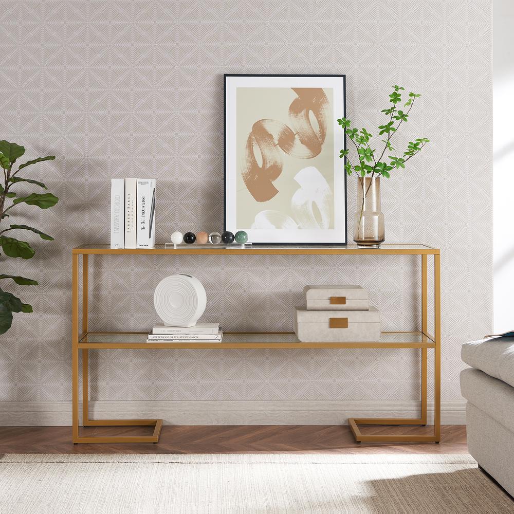 Errol 55'' Wide Rectangular Console Table with Glass Top in Gold. Picture 4