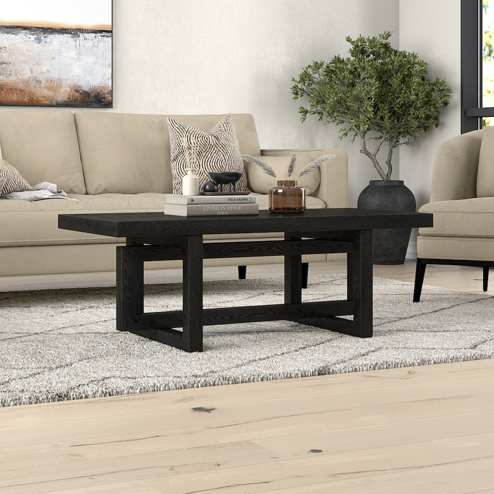 Breslow 47" Wide Rectangular Coffee Table in Black Grain. Picture 4