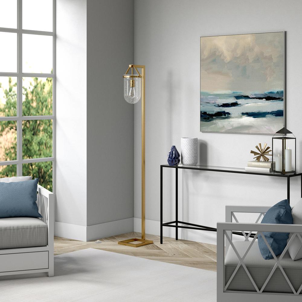 Shiloh 68" Tall Floor Lamp with Glass Shade in Brass/Seeded. Picture 3