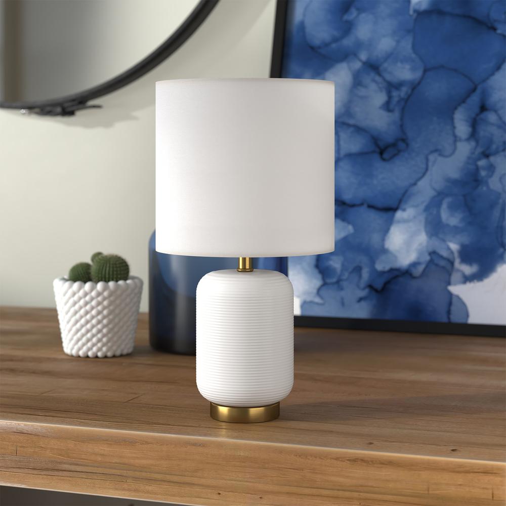 Lambert 15" Tall Ceramic Mini Lamp with Fabric Shade in Matte White/White. Picture 3