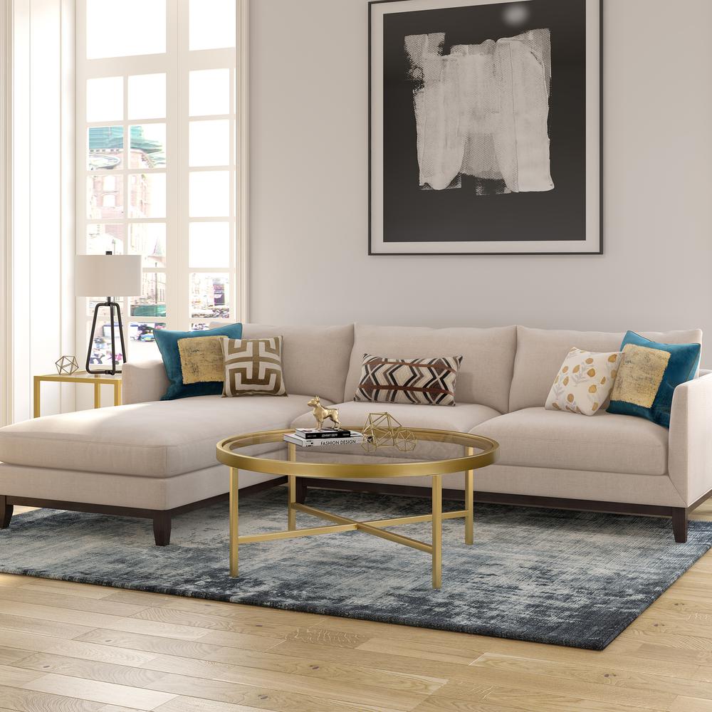 Xivil 36'' Wide Round Coffee Table with Glass Top in Brass. Picture 4