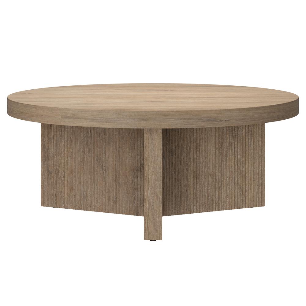 Holm 36" Wide Round Coffee Table in Antiqued Gray Oak. Picture 2