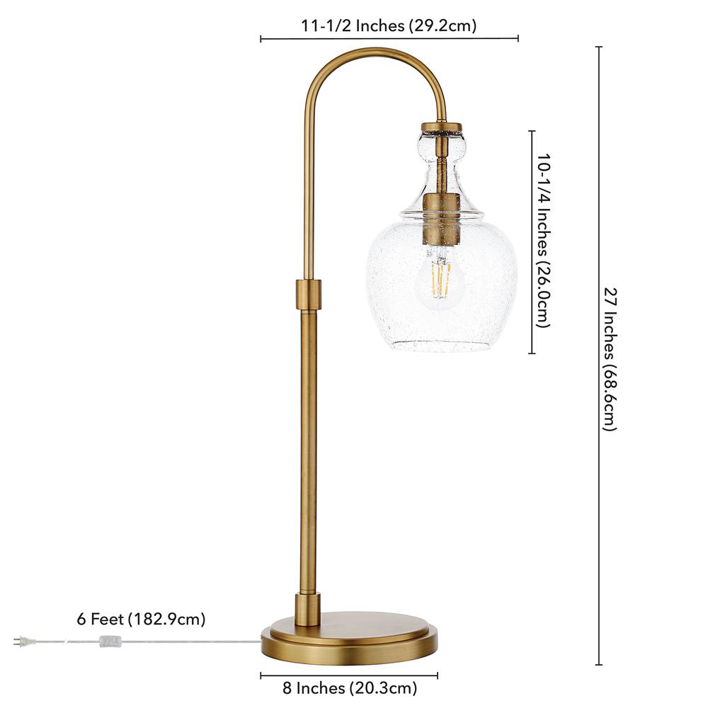Verona 27" Tall Arc Table Lamp with Glass Shade in Brushed Brass/Seeded. Picture 4