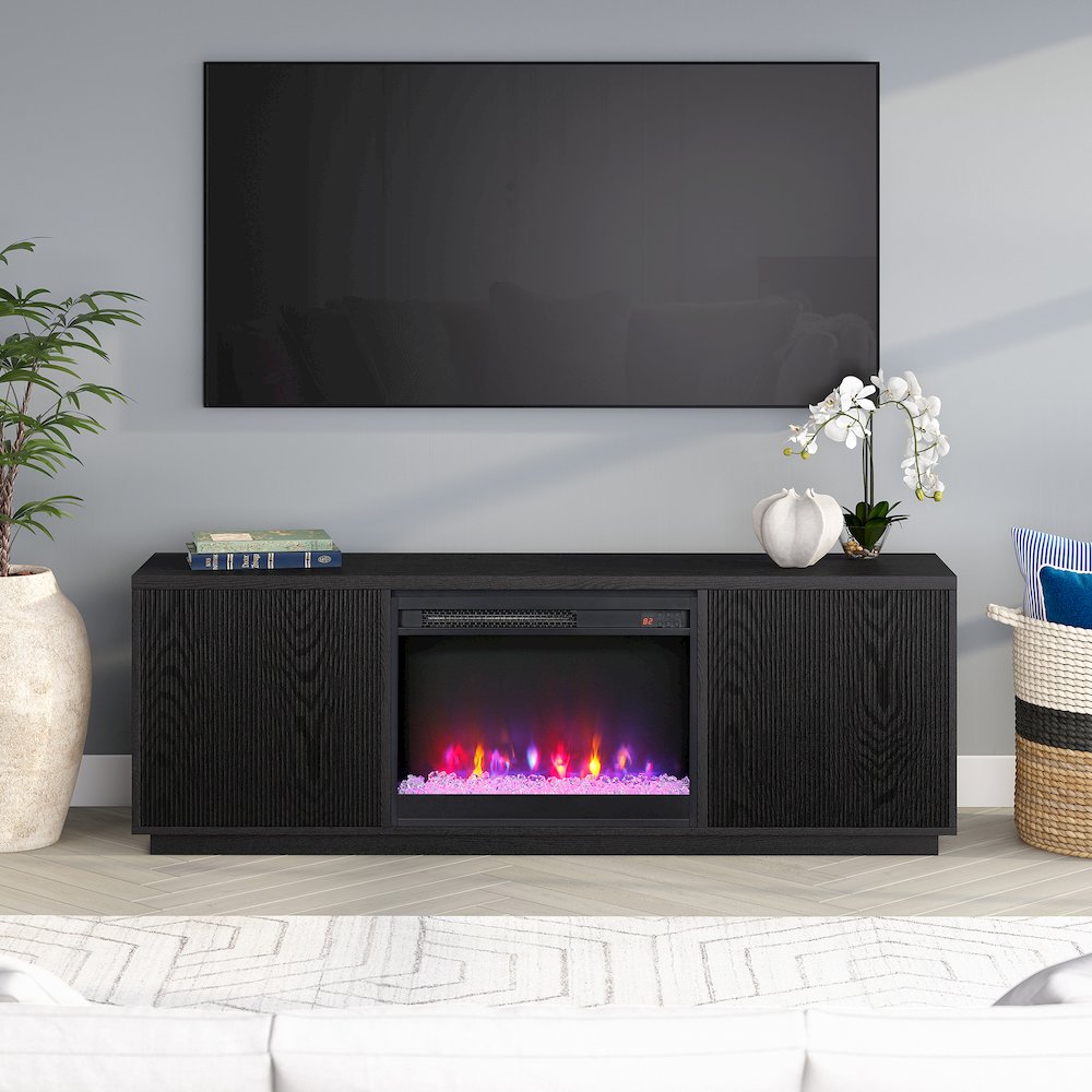 Rectangular TV Stand with 26" Crystal Fireplace for TV's up to 75" Black Grain. Picture 3