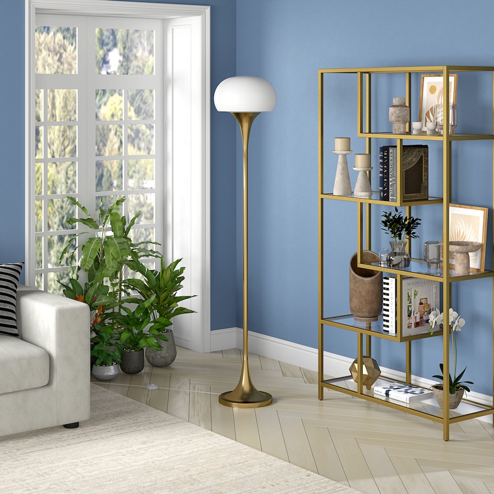 Aleister Torchiere Floor Lamp with Glass Shade in Brass/White Milk. Picture 4