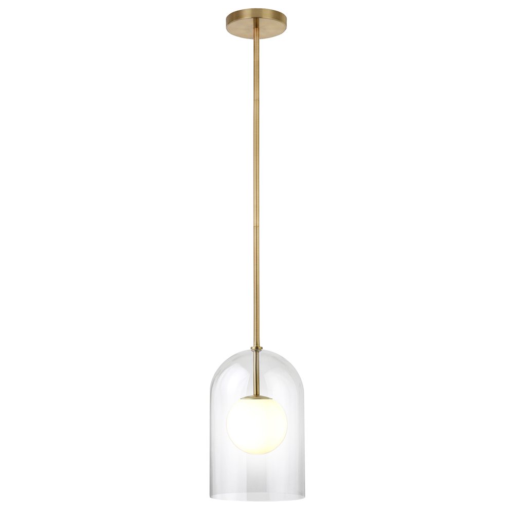 Sondre 8" Wide Double Layer Pendant with Glass Shade in Brass/White Milk/Clear. Picture 2